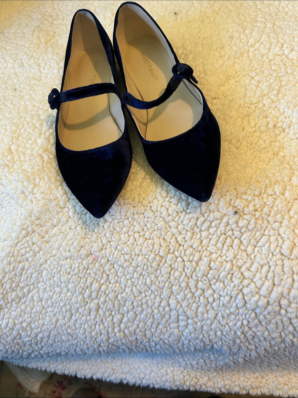 Marc Fisher Navy Velvet Pointed Mary Janes with Knot Strap